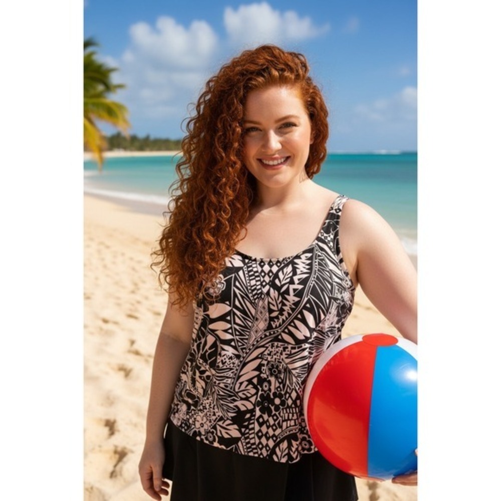 Maxine of Hollywood Black White Tribal Swimsuit with skirt Resort‎ Modest 16